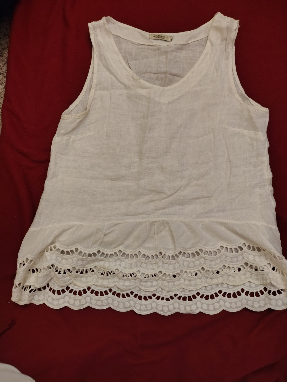 Valentina White Sleeveless Eyelet Hem Linen Tank